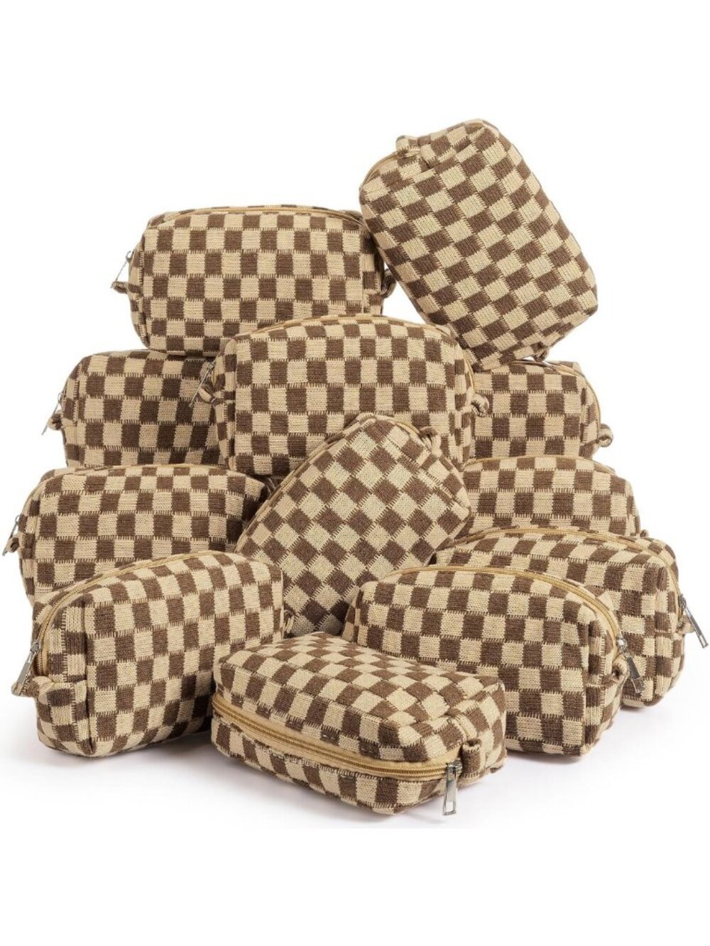 12 Pcs Checkered Makeup Bags Set | Small Cosmetic Pouches | Brown Travel